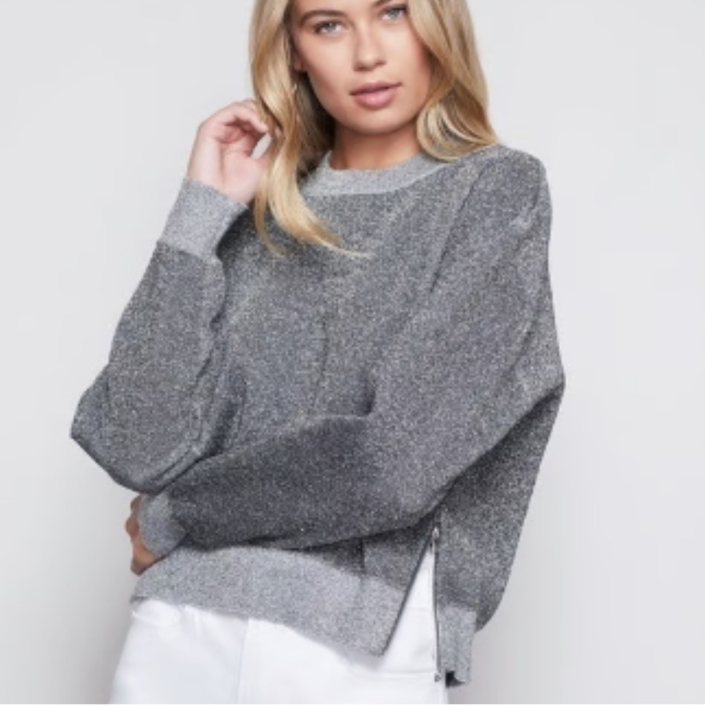 NWT Good American Silver All That Glitter Zipper Detail Sweatshirt size large